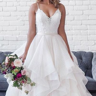 Elegant a-line v neck white tulle wedding dresses,lace bride dresses - Thumbnail 4