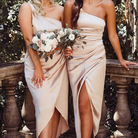 Sheath One Shoulder Champagne Satin Bridesmaid Dresses - Thumbnail 1