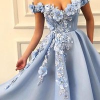 Gorgeous Ball Gown Off the Shoulder Light Blue Tulle Long Prom Dresses with Appliques, Quinceanera Dresses - Thumbnail 1