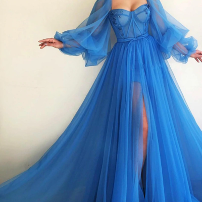 Gorgeous ball gown sweetheart blue tulle split prom dresses with beading, quinceanera dresses - Thumbnail 4