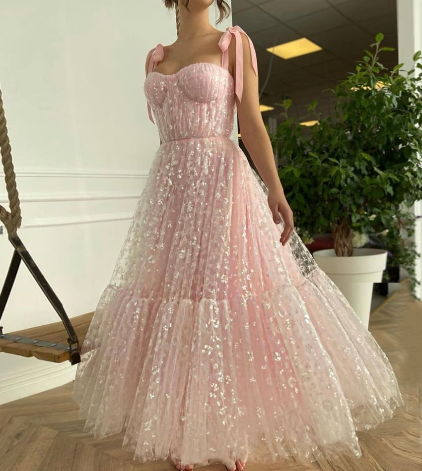 Pink tulle sequins A line prom dress evening dress