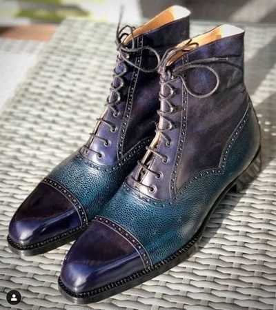 Handmade Blue Leather Cap Toe Pebbled Leather Ankle Lace Up Dress Boot,Men's Boot