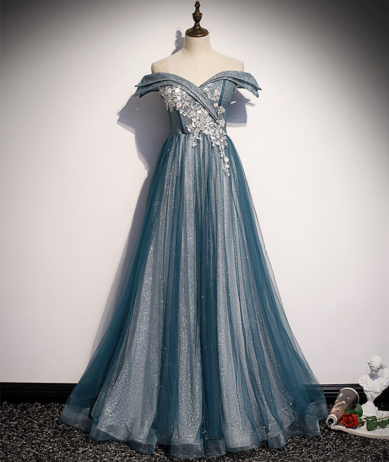 Blue tulle lace long prom dress off shoulder evening dress