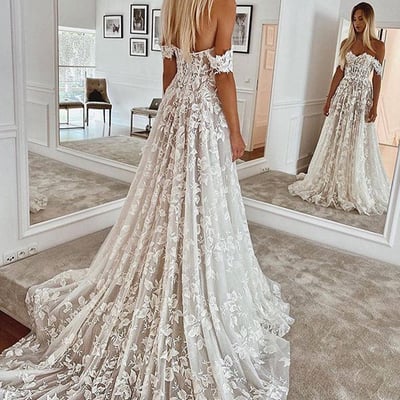 Romantic a-line off the shoulder lace beach wedding dresses - Thumbnail 3