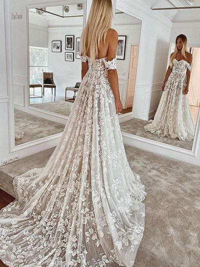 Romantic A-Line Off the Shoulder Lace Beach Wedding Dresses