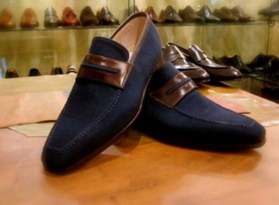 NAVY BLUE SUEDE CLASSIC FORMALLY WEAR HAND STITCH PENNY LOAFER SLIPS ON SHOES, MEN'S HANDMADE MOCCASIN SHOES