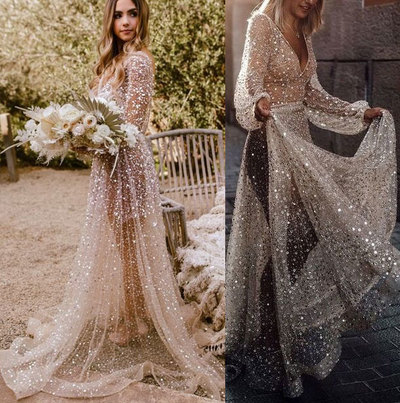 Sparkly Deep V Neck Bridal Gown with Full Sleeves