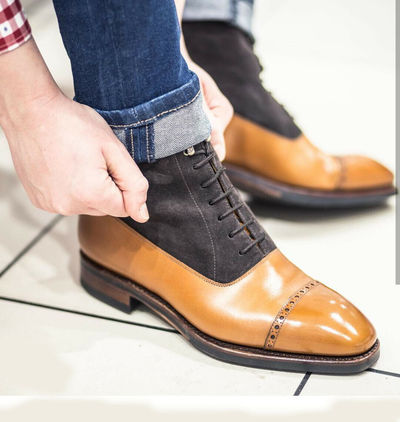 Handmade Men's Tan Leather Black Suede High Ankle Lace Up Two Tone Boots