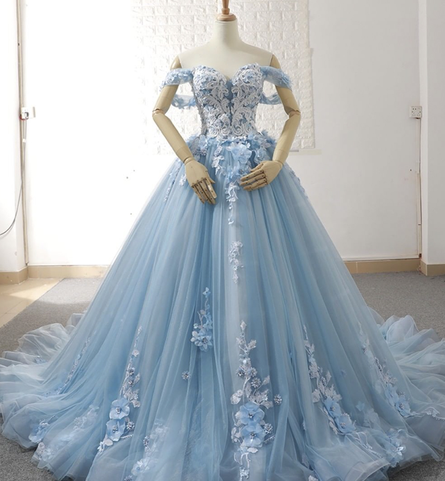 Blue tulle lace long ball gown dress formal dress
