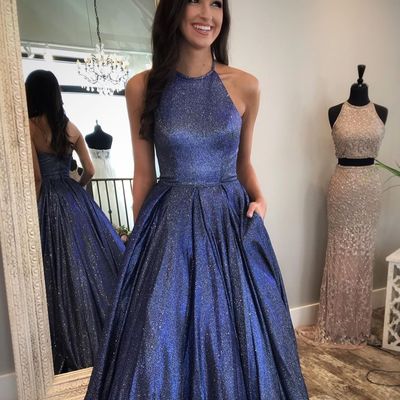 New arrival ball gown halter navy blue long prom dress - Thumbnail 2