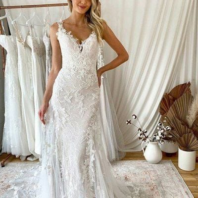 Romantic mermaid v neck spaghetti straps lace wedding dresses - Thumbnail 2