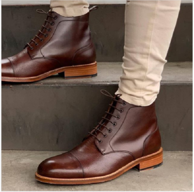 Handmade Men Brown Leather Ankle Boots with lace up closure, Winter boots