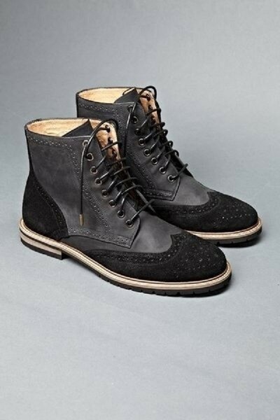 Men Black Color Wing Tip Brogue Toe High Ankle Real Suede Leather Boots