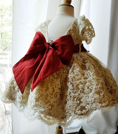 Crew Neck Gold Short Flower Girl Dresses with Red Bowknot