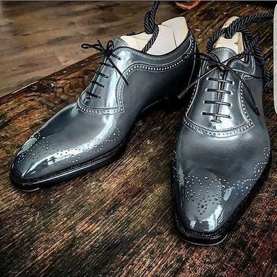Christmas Sale Handmade Men's Leather Brogue Shoes, Men's Lace Up Gray Color Stylish Shoes