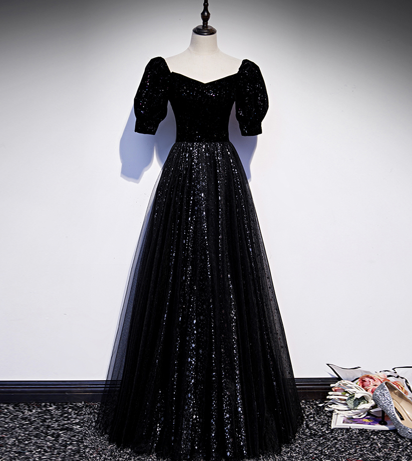 Elegant tulle sequins long prom dress black evening dress