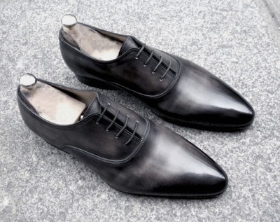 Black Grey Custom Hand Stitch Lace Up Narrow Toe Office Shoes Mens