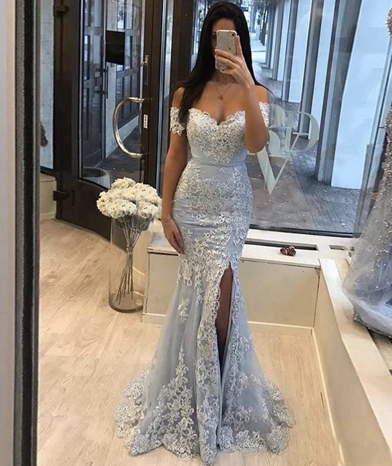 Mermaid lace long prom dress off shoulder evening dress
