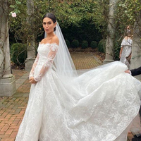 Elegant A-Line Off the Shoulder Long Sleeve White Lace Wedding Dress - Thumbnail 1