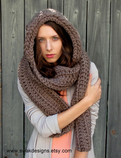 Oversized hooded scarf, the lofty wool hooded scarf, mortar brown or choose your color