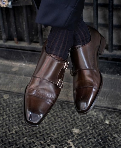 Handmade Classic Chocolate Brown Cap Toe Double Monk Strap Genuine Leather Office Shoes