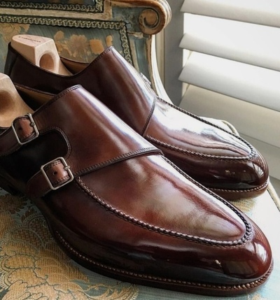New Dark Brown Double Monk Strap Leather Handstitch Men's Christmas Shoes