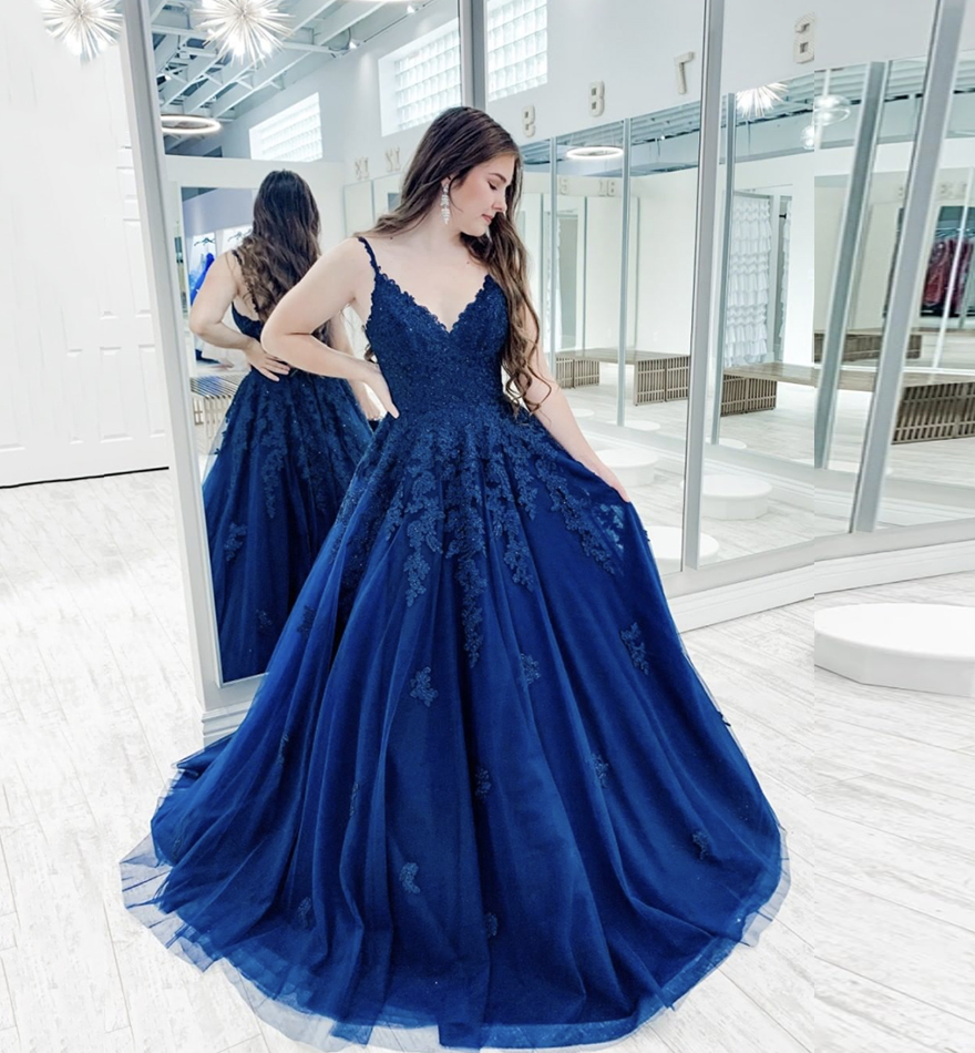 Blue v neck lace long prom dress blue evening dress