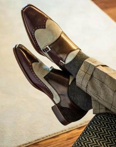 Christmas Hot Sale Two Tone Leather Suede Wingtip Double Monk Strap Men's Shoes