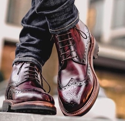 Best Men Handmade Burgundy Black Tone Leather Wingtip Lace Up Military Boot