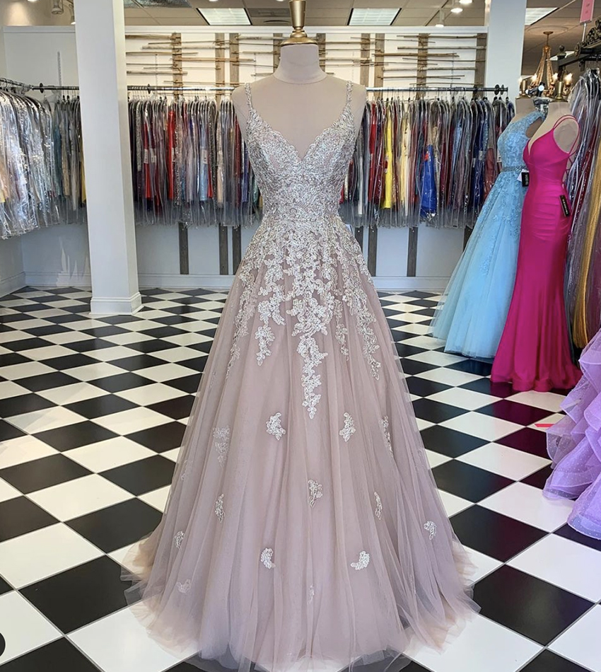 Elegant v neck tulle lace long prom dress evening dress