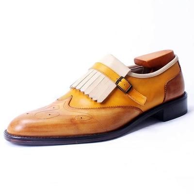 New Men Wing Tip Single Monk Strap Fringe Tan Brown Handmade Leather Dress Shoes