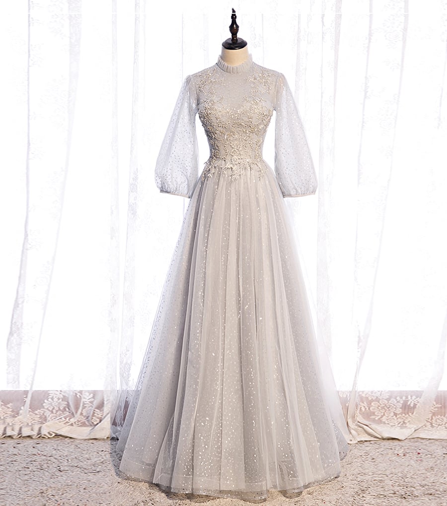 Gray tulle sequins long prom dress evening dress