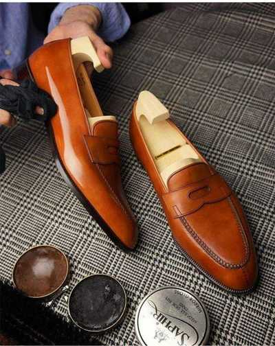 Christmas Men's Handmade Tan Brown Leather dress shoes, Men leather moccasins Loafer