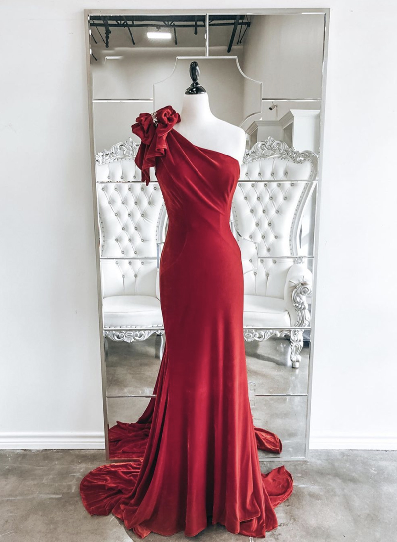 Red velvet long prom dress one shoulder evening dress