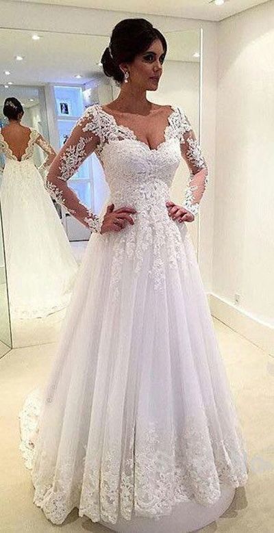 Wedding dresses,lace bridal gown,long sleeve wedding dresses,a-line bridal gown,v-back wedding dress,gorgeous wedding dresses,706