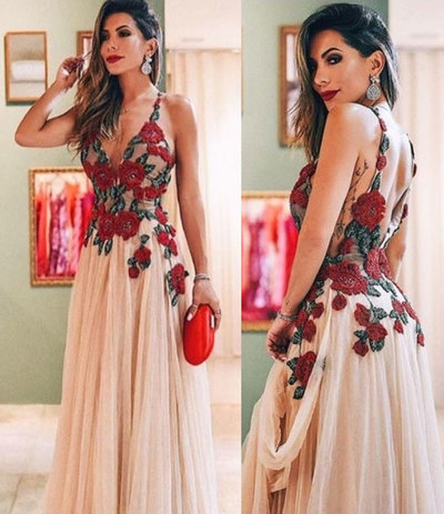 V Neck Tulle Prom Dresses with Rose Flowers