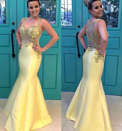 Yellow Mermaid Prom Dresses with Rinestones