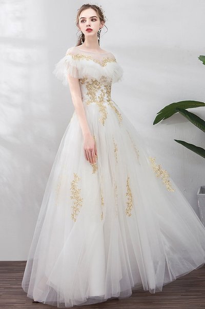White Tulle Gold Lace Applique Long Ruffles Senior Prom Dress, Formal Dress,722