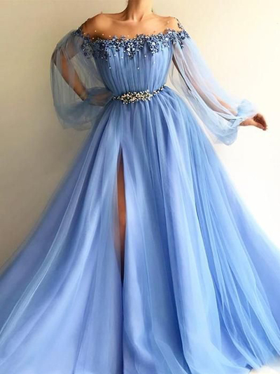 Gorgeous Ball Gown Long Sleeves Blue Split Prom Dresses with Beading Appliques