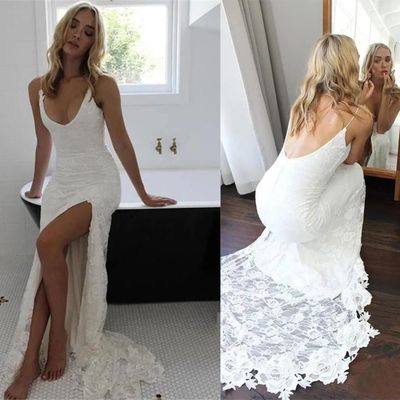 Gorgeous straps white lace long wedding dress with slit - Thumbnail 5