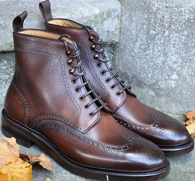 Handmade cowhide leather wingtip brogue boot in Guesstimates patina