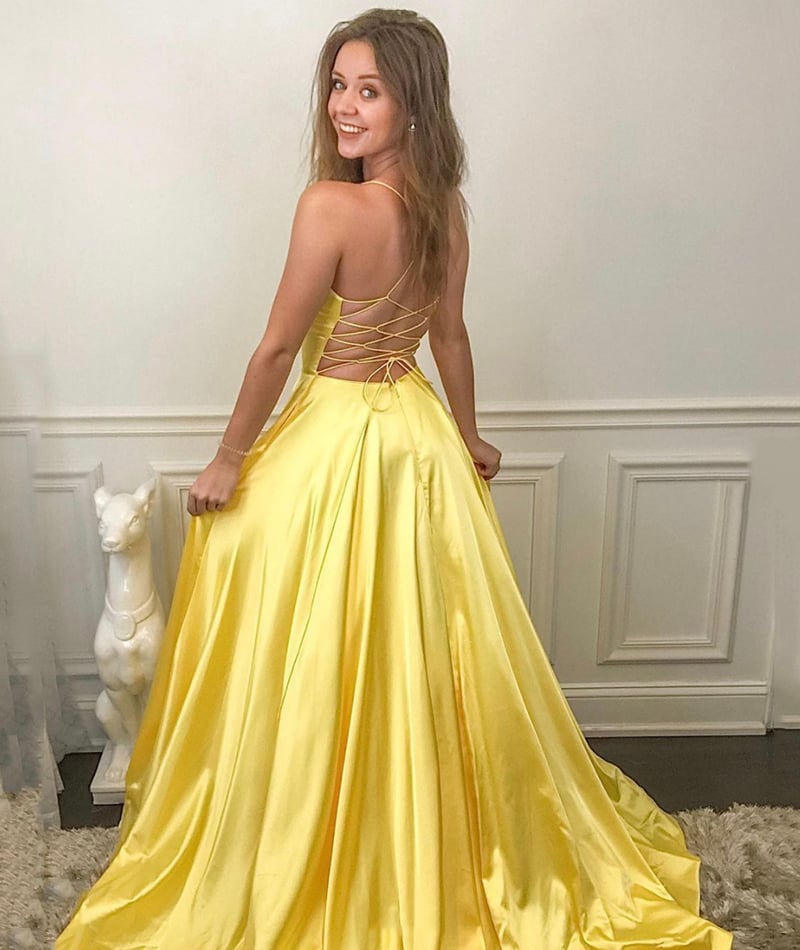 Yellow v neck satin long prom dress simple evening dress
