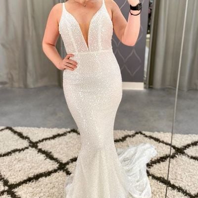 Sparkly mermaid v neck white sequins wedding dresses - Thumbnail 3