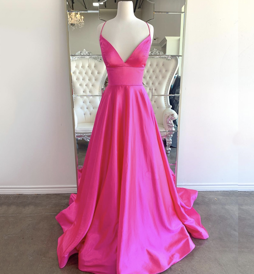 Simple v neck satin long prom dress evening dress