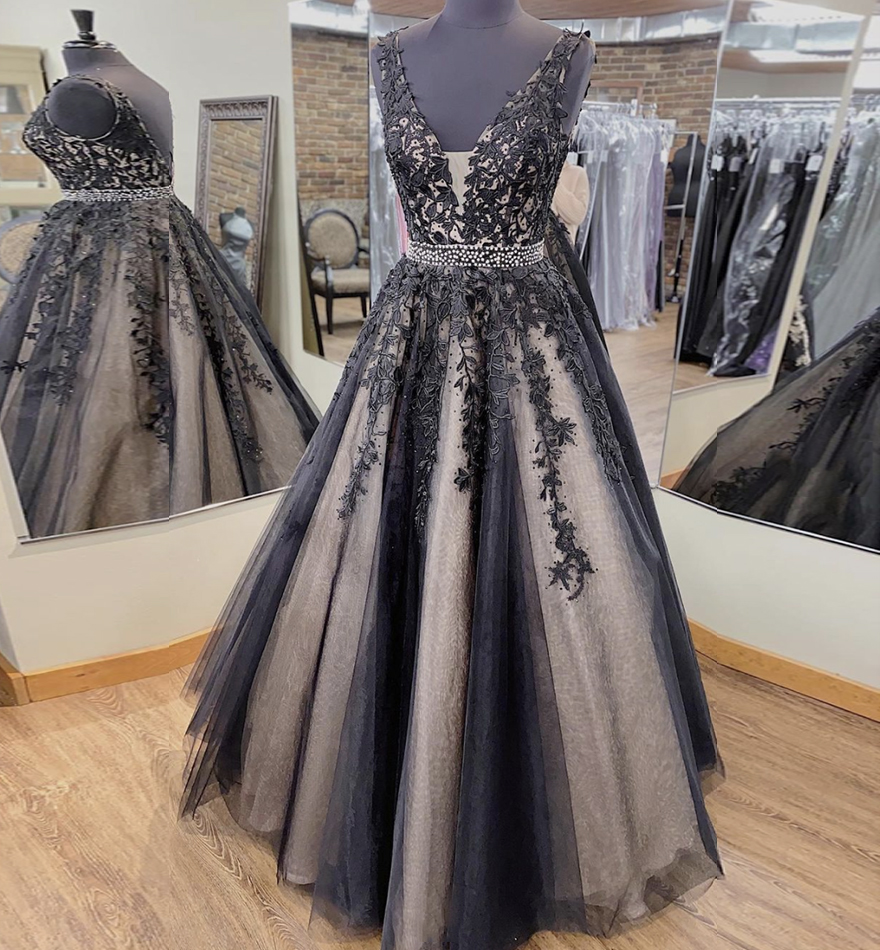 Black v neck lace long prom dress lace evening dress