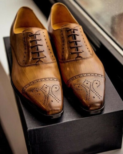 Tan Patina Balmoral Brogue Cap Toe Genuine Leather Lace Up Official Dress Shoes