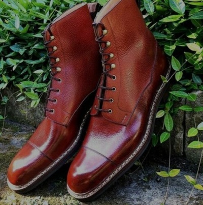 New Men Handmade Leather burnished Cap Toe Ankle High lace Up Boots