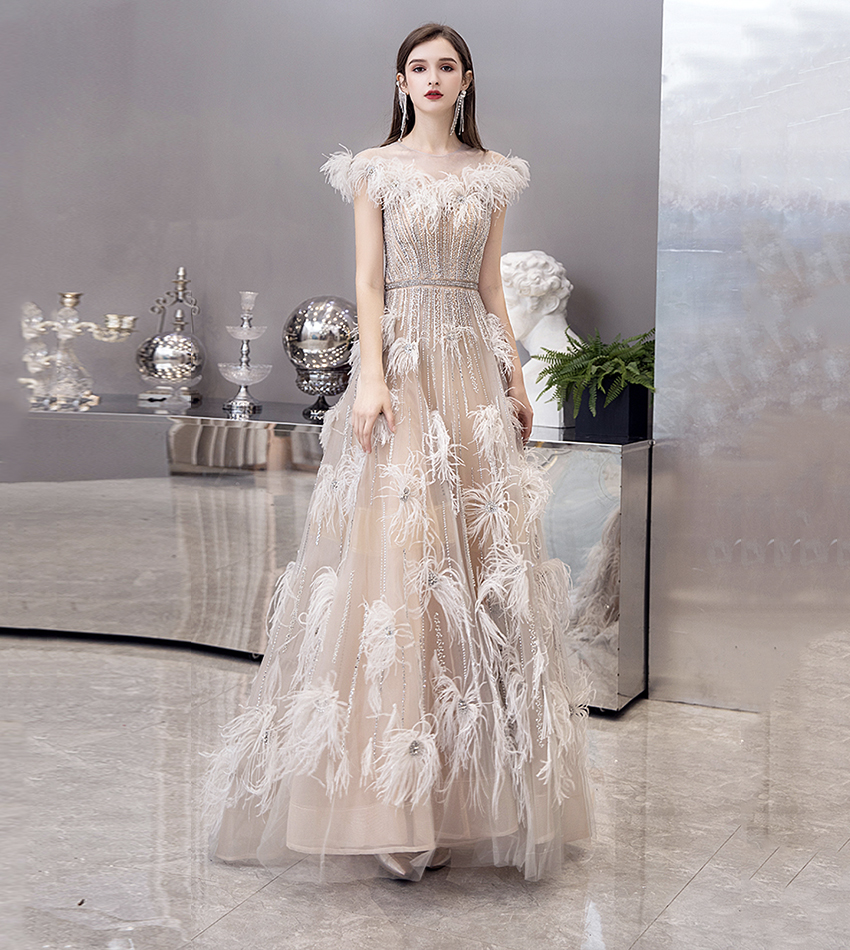 Unique tulle beads long prom dress evening dress