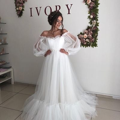 Ball gown off the shoulder long sleeves white tulle wedding dress - Thumbnail 3