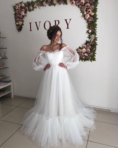 Ball Gown Off the Shoulder Long Sleeves White Tulle Wedding Dress